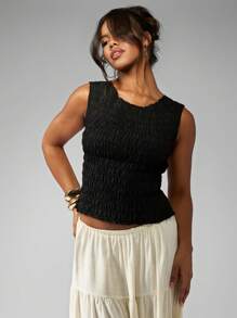 MISSGUIDED 衬衫烟熏背心无袖夏季卡米褶皱休闲弹力高级时尚质感基本款必备春节演唱会派对吊带背心弹力上衣 - 黑色 - 查看 1