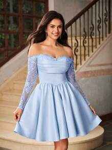 Lovelzi Elegant Luxury Off-Shoulder Sheer Lace & Satin Long Sleeve Pleated Maxi Dress, Suitable For Wedding, Party, Vacation, Dance Events, Wedding Guest Dress, Prom Dress - Baby Blue - View 5