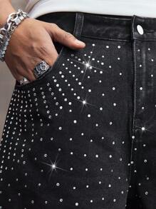 ROMWE MEN ROMWE Avant Pantalones cortos vaqueros (jorts) de hombre con decoración de strass, de moda de vanguardia para el verano