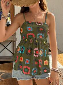 SHEIN 印花荷叶边下摆休闲孕妇吊带背心