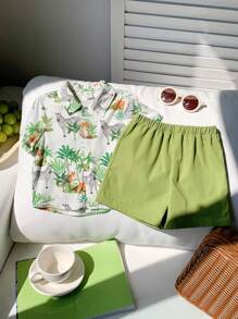 SHEIN 2pcs Set Baby Boy/Girl Casual Daily Cute Allover Print Coconut Tree & Animal Pattern Drop Shoulder Loose Fit Round Neck Top Shirt And Elastic Waist Shorts Set, Suitable For Spring/Summer, Home, Outing, Vacation, Beach