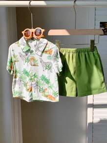 SHEIN 2pcs Set Baby Boy/Girl Casual Daily Cute Allover Print Coconut Tree & Animal Pattern Drop Shoulder Loose Fit Round Neck Top Shirt And Elastic Waist Shorts Set, Suitable For Spring/Summer, Home, Outing, Vacation, Beach