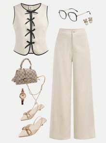 Girlism Teen Girl Spring And Summer Girl's Lace-Up Cardigan Suit, Contrasting Color Bow, Girl's Top, Solid Color Casual Loose Trousers, Girl's Two Pieces Set, Daily Casual, Workplace Commuting Wear,Girls Valentines Outfit,Teen Girl Dresses,Mom And Daughter Matching,Valentine Day~Clean Girl,Cute - Khaki - View 1