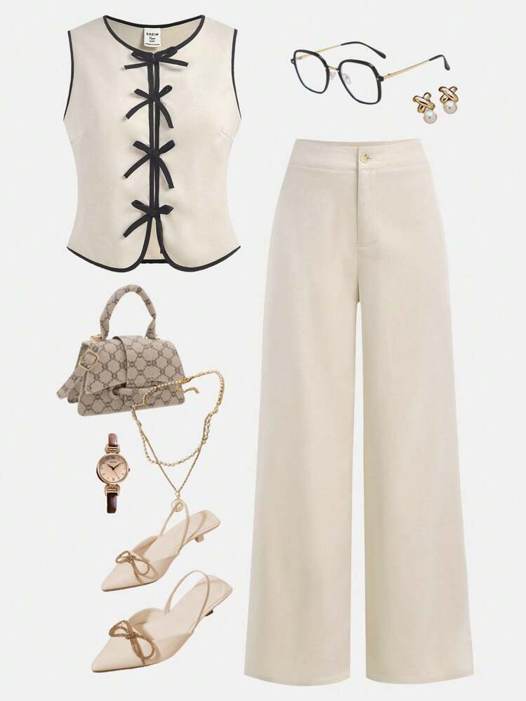 Girlism Conjunto de niña adolescente de primavera y verano con chaqueta de cárdigan con cordones, moño de color contrastante, top de niña, pantalones casuales sólidos holgados, conjunto de dos piezas para uso diario casual, uso en el lugar de trabajo, atuendo para el Día de San Valentín de niña adolescente, vestidos de niña adolescente, a juego madre e hija, Día de San Valentín, Estilo "niña limpia", Lindo - Caqui - Añade 1