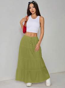 SHEIN PETITE Women Solid Color High Waist Tie Ruffled Hem Maxi Skirt - Green - View 5