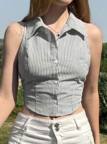 SHEIN EZwear Gray Striped Sleeveless Casual Woven Shirt For Women - Grey - View 5