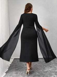 SHEIN Unity Plus Size Elegant Pearl Trim Poncho Sleeve Shift Dress For Work - Black - View 2