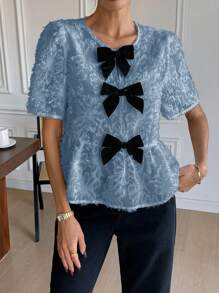 SHEIN Frenchy Women's Summer Elegant Solid Color Textured Bow Decor Blouse
