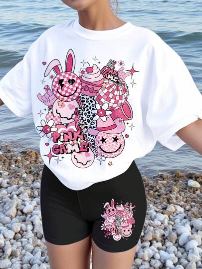 SHEIN 2pcs/Set Tween Girls Casual Minimalist Pink Floral & Leopard Print Short Sleeve T-Shirt And Shorts Set, Summer