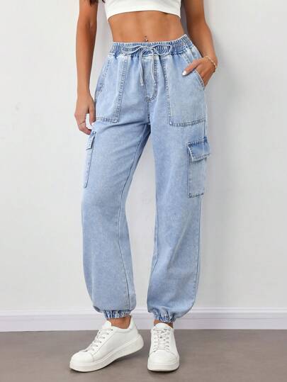 SHEIN Tall 女式宽松工装牛仔裤，蓝色牛仔裤，女式运动裤，女式工装裤，宽松裤，筒形裤，宽松牛仔裤，女式阔腿裤，女式夏装