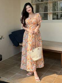 Dazy Plus All Over Floral Print Square Neck Cinched Waist Puff Sleeve Maxi Vacation Dress - Orange - View 1