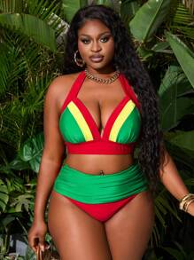 Slaydiva Plus Size Women 2pcs Swimwear Set, Color Blocked Deep V-Neck Halter Top, High Waist Slimming Hipster Bottom, Sexy Fashion Beach Vacation Bikini For Summer - Red - View 3