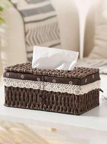1pc Woven Tissue Box Holder, Rectangular Covered Tissue Box, Rattan Wicker Tissue Box Holder, Bohemian Style Decorative Woven Tissue Dispenser