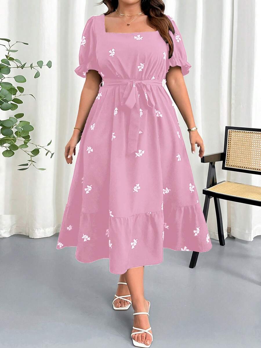 SHEIN Clasi Đầm tay bồng in họa tiết hoa cổ vuông cạp chun cỡ lớn cho nữ, thanh lịch và lãng mạn - Hồng - Xem 1