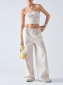 LYSMO 2pcs Women Summer Casual Solid Color Ruched Bustier Top And Wide Leg Pants Set - Beige - View 5