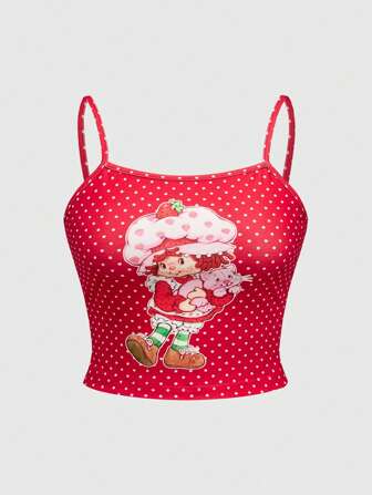 Plus Size Retro Cute Portrait Polka Dot Print Camisole Top