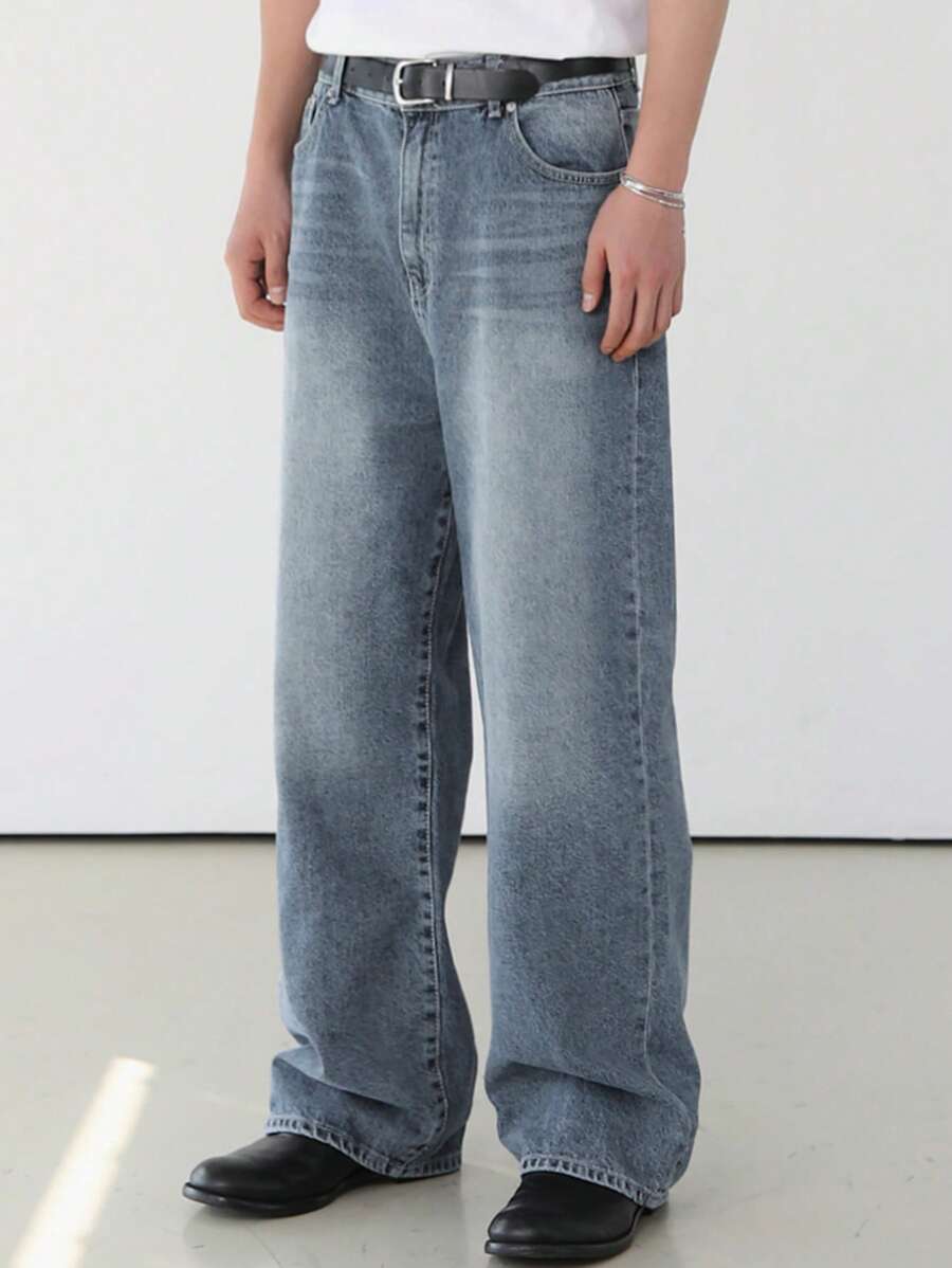 DAZY Men's Spring Casual Blue Washed Slant Pockets Straight Leg Jeans - Blue - View 1