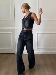 DAZY Women's Washed Denim Vest And Loose Fit Jeans Set, Casual Outfit - Dark Wash - View 4