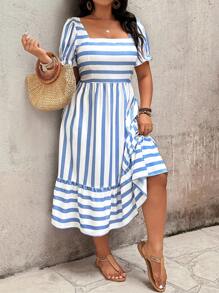 SHEIN Clasi Elegant Pattern Plus Size Women Long Dress, Spring/Summer - Blue and White - View 4