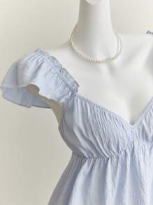 Elamini Blue Cute Girl Ruffle Trim Sexy Backless Low Neck Short Camisole Top