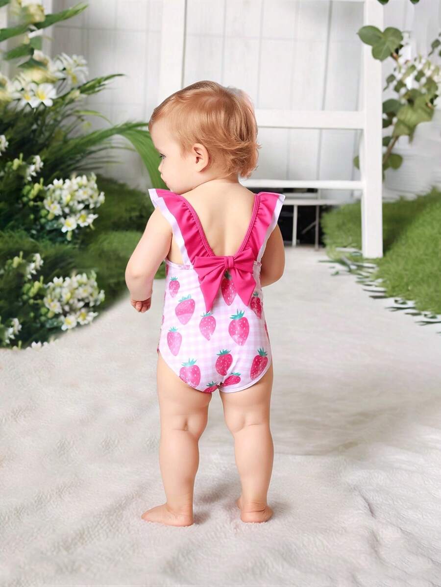 Baby Girls Cute Strawberry Print Ruffled One Piece Swimsuit,Backless Bow Embellished Swimsuit - Pink - View 1