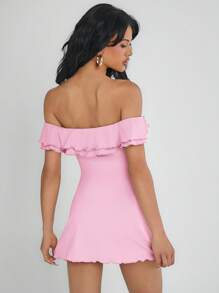 Easelle Women Classic Solid Color Ruffle Off Shoulder Slim Fit Dress - Baby Pink - View 8