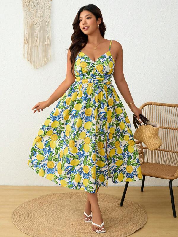 Elaquor Rochie midi cu imprimeu de lămâie în stil resort pentru femei, rochie tropicală, rochie de plajă Island Vacation, rochie galbenă pentru femei, rochie florală, rochie fluidă 1 bucată Rochie midi cu bretele spaghetti pentru femei, ținută de zi cu zi minimalistă, rochie casual cu bretele cu imprimeu de lămâie, îmbrăcăminte de sărbători