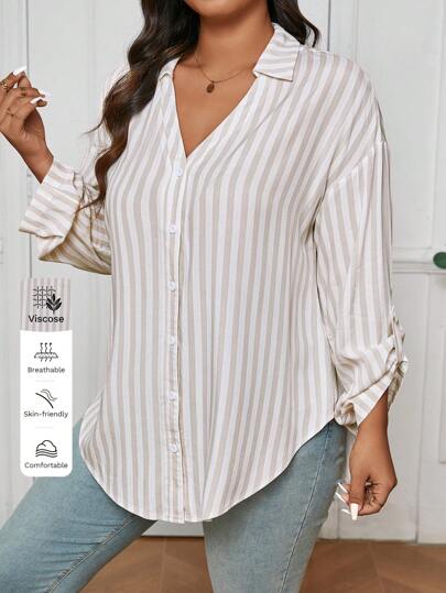 SHEIN Frenchy Plus Size Casual Khaki Striped Long Sleeve Button-Down Shirt