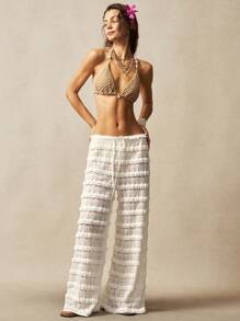 Bohemela Boho Autumn/Winter Outerwear, Women's Casual Vacation Style Solid Color Knit Lace Frill High Waist Wide Leg Pants, Casual For Beach Vacation, Western Country Style Concert Vacation, Suitable For Vacation & Daily Wear & Back To School, Halloween, Christmas - White - View 7