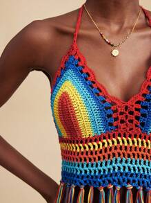 Travachic Women's Vacation Tassel Hem Halter Neck Rainbow Striped Cover-Up Top,Crochet Tops,Summer For Women,Beachwear,Easter,Beach For Woman,Spring Break,Vacation Women,Concert Women,BOHO,Bohemia,Music Festival,Tropical Vacation Woman - Multicolor - View 4