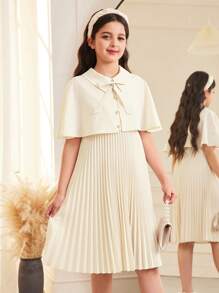 SHEIN Conjunto de 2 piezas para niñas preadolescentes que incluye un vestido cruzado con cuello Peter Pan, botones delanteros y cinturón de corbata, talla grande una prenda exterior