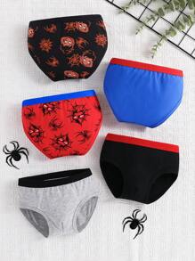 5pcs/Pack Young Boy & Spider Printed 100% Cotton Breathable Briefs