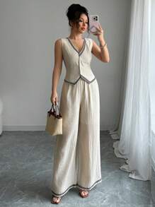 Chiquease Women's Single Breasted Vest And Pants Casual Linen-Feel 2 Pieces Set - Apricot - View 4