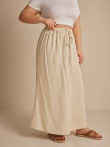 Elaquor Plus Size Fall Women Clothes,Women Solid Color Simple Drawstring Waist Skirt - Khaki - View 6