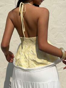 Sunnyshic Áo hở lưng ren dễ thương cho nữ - Màu vàng - Xem 2