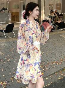 DAZY Full Floral Print Loose Long Sleeve Cinched Waist Casual Vacation Shorts Jumpsuit For Women, Summer,Ruffle Boho Rompers For Women - Purple - View 5