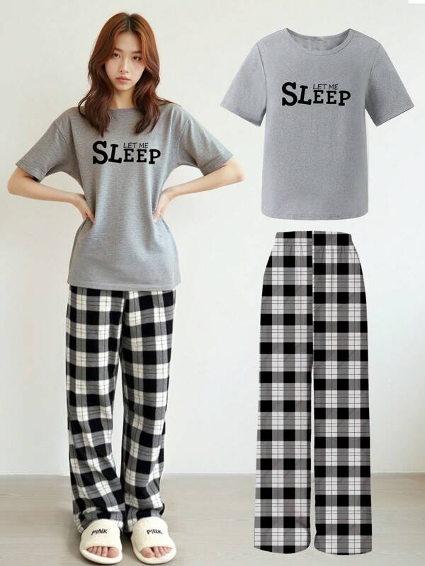 SHEIN WESTFADE Young Teen Girls 2 Pieces Pajama Set, Floral Print Top With Letter Graphics, Classic Black/White Plaid Pants, Casual Sleepwear