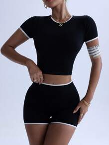Dewbera Dewbera Women's Color Block Trim Crop Top And Shorts Sports Suit - Black and White - View 3