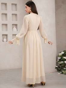 Veilorie Ladies' Solid Color Round Neck Ruffle Sleeve Elegant Arabic Style Dress  Soft Dresses  Yellow Dress  Wedding Guest Dress Women  Summer Outfits For Women, Modest - Apricot - View 4