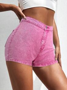 SHEIN ICON Pantalones cortos vaqueros casuales de tiro alto y estilo ceñido, versátiles, para mujer - Rosa Fucsia - Ver 5