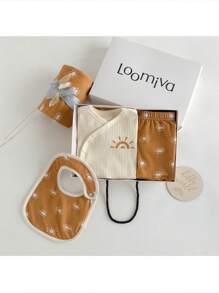 Loomiva 5 件套女婴新生儿柔软针织太阳图案开衫、松紧腰裤、围兜、襁褓毯和帽子 - 彩色 - 查看 3