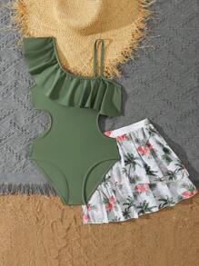 Tween Girls' Summer Vacation Beach Ruffled Hollow-Out One-Piece Swimsuit And Tropical Print Skirt Set