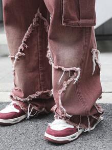 Manfinity EMRG Men's Burgundy Denim Long Jeans With Zipper Details And Distressed Frayed Design - Burgundy - View 4