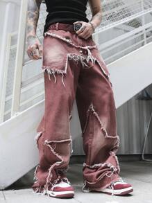 Manfinity EMRG Men's Burgundy Denim Long Jeans With Zipper Details And Distressed Frayed Design - Burgundy - View 7