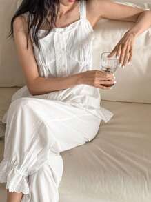 DAZY Sweet Ruffle Trim Camisole Top & Lantern Pants Pajama Set For Women - White - View 4