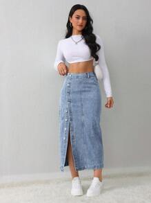SHEIN Tall Falda vaquera de mujer, casual y holgada, con abertura lateral, azul, midi, para mujeres altas, falda azul claro, falda azul, ropa de invierno para mujer