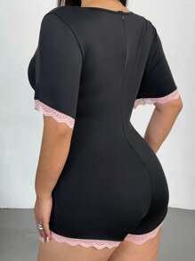 POPSWAY Plus Size Collared Bowknot Contrast Color Trim Short Sleeve Casual & Elegant Jumpsuit For Spring/Summer, Black - Black - View 2