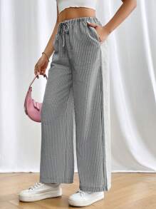 SHEIN PETITE 女士纯色时尚长裤，适合夏季 - 黑色 - 查看 4