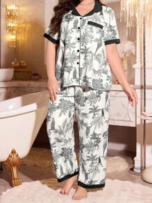 MuseNap CURVE Plus Size Women Color Block Tropical Leopard Print Open Front Top & Pants Pajama Set, Outfits - Black - View 5