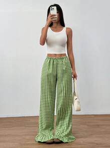 Flirla Women's Casual Green Plaid Linen Patchwork Ruched Hem Low-Waisted Side Pockets Straight Loose Pants, Minimalist Elegant Design For Spring/Summer Fall Cloth For Women